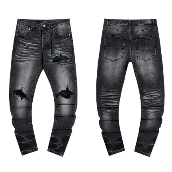 Grey Washed Denim Jeans with Blue Lined Distressing